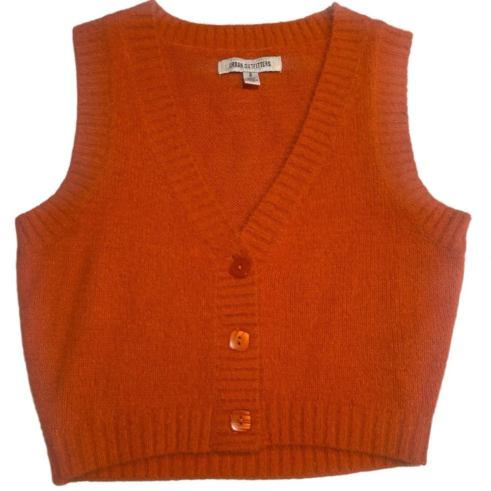 Urban Outfitters | Cropped Orange Fuzzy Buttoned Vest Size Small - Picture 2 of 4